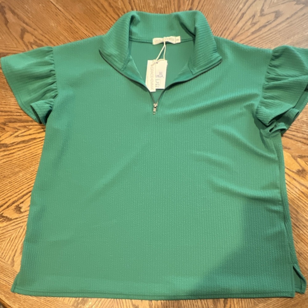 Grace + Emma Green Knit Ruffle Sleeve Mock Neck Zip Short Sleeve Blouse 2XL, New